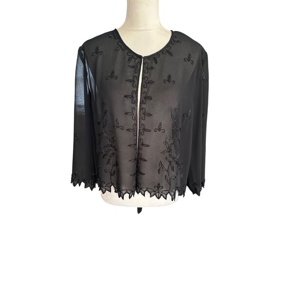 Karen Miller Sheer Beaded Jacket Shrug With Floral Design Scalloped Edges Sz 20 - Picture 1 of 11